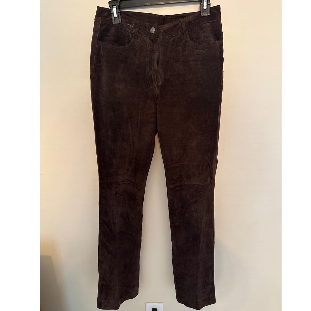 Etcetera Dark Brown Genuine Suede Leather Pants Straight Leg Size 2 32 Inseam